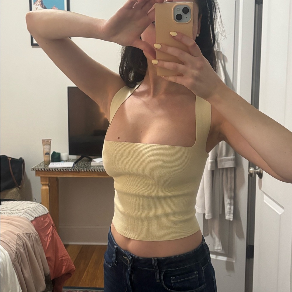 Free People Butter Yellow Square Neck Top with Bow Tie